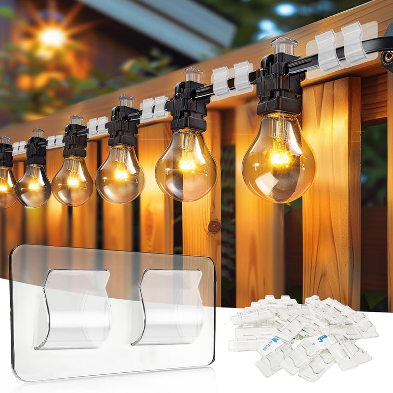 TW SHINE Hooks for Outdoor String Lights Clips, 60 Pack Heavy Duty Clips Clear Light Hook with Waterproof Adhesive Strips, Outside UV-Resistant Cord Hooks for Hanging Christmas Light Cable Organizer - Image 1